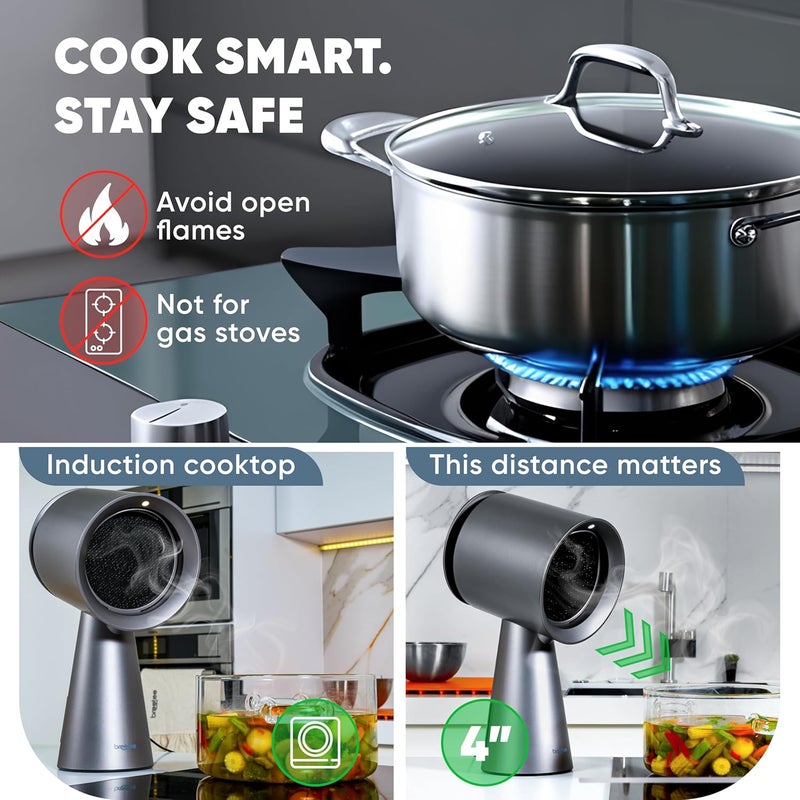 Breetee Portable Range Hood Kitchen–5-Layer Filter Compact Desktop Exhaust Fan, Powerful 3-Speed Smoke Removal, Low Noise Countertop Range Hood, Oil Cup, for Apartments, Dorm, RV, Indoor BBQ - Grey - Image 4